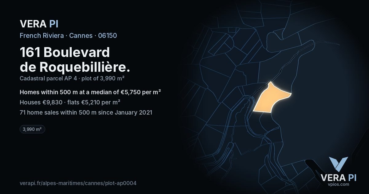 161 Boulevard de Roquebillière, Cannes at night – the plot lit, the parcels around coloured by the prices near them