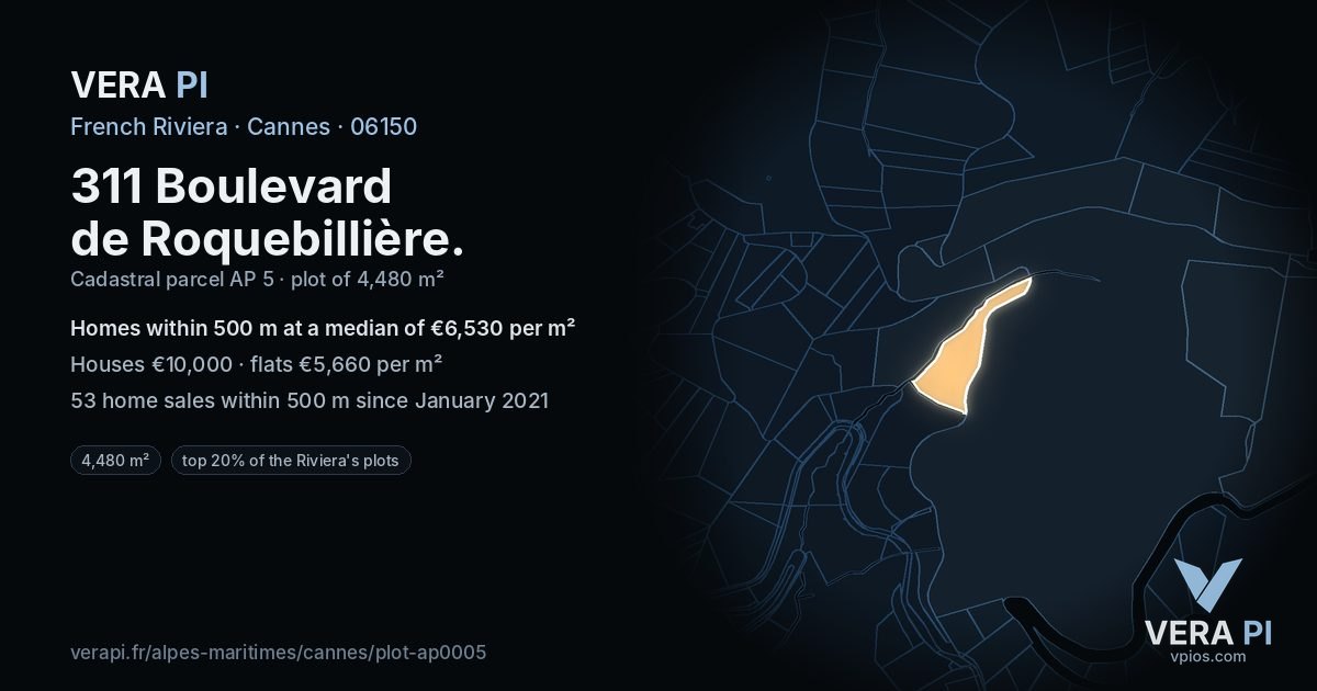 311 Boulevard de Roquebillière, Cannes at night – the plot lit, the parcels around coloured by the prices near them