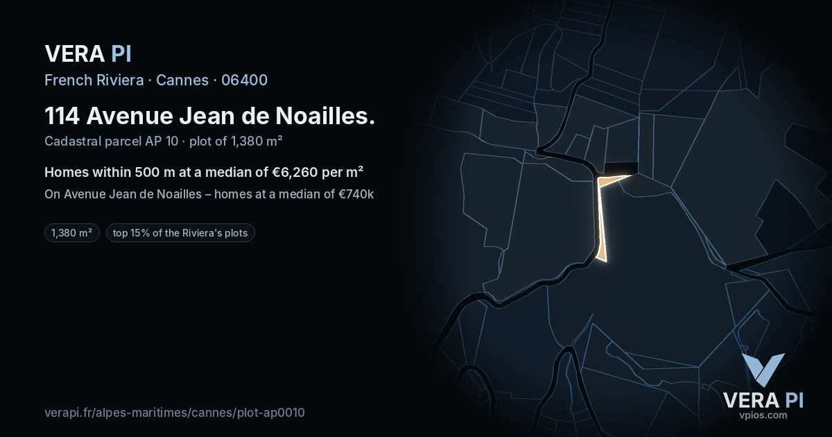 114 Avenue Jean de Noailles, Cannes at night – the plot lit, the parcels around coloured by the prices near them