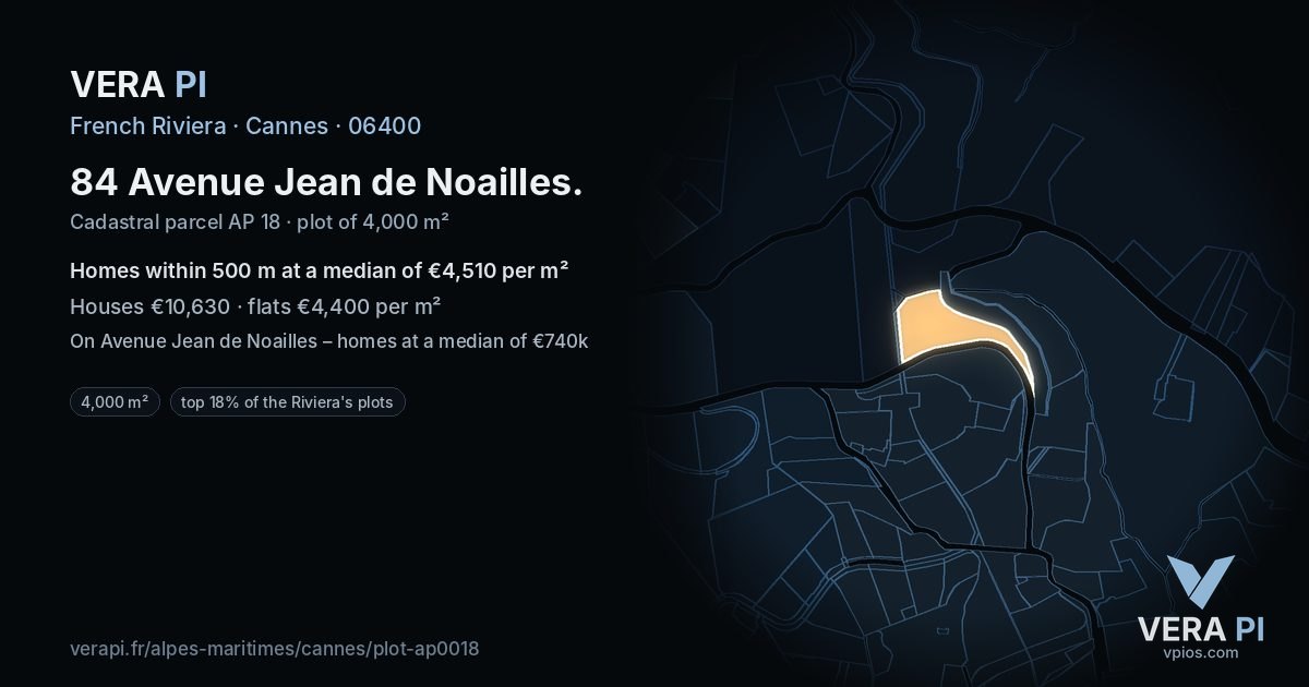 84 Avenue Jean de Noailles, Cannes at night – the plot lit, the parcels around coloured by the prices near them