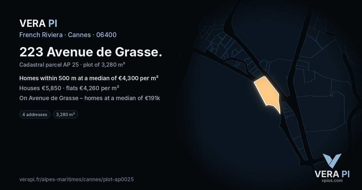 223 Avenue de Grasse, Cannes at night – the plot lit, the parcels around coloured by the prices near them