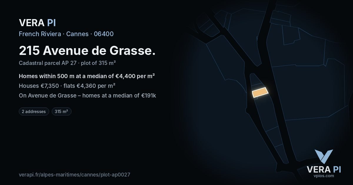 215 Avenue de Grasse, Cannes at night – the plot lit, the parcels around coloured by the prices near them