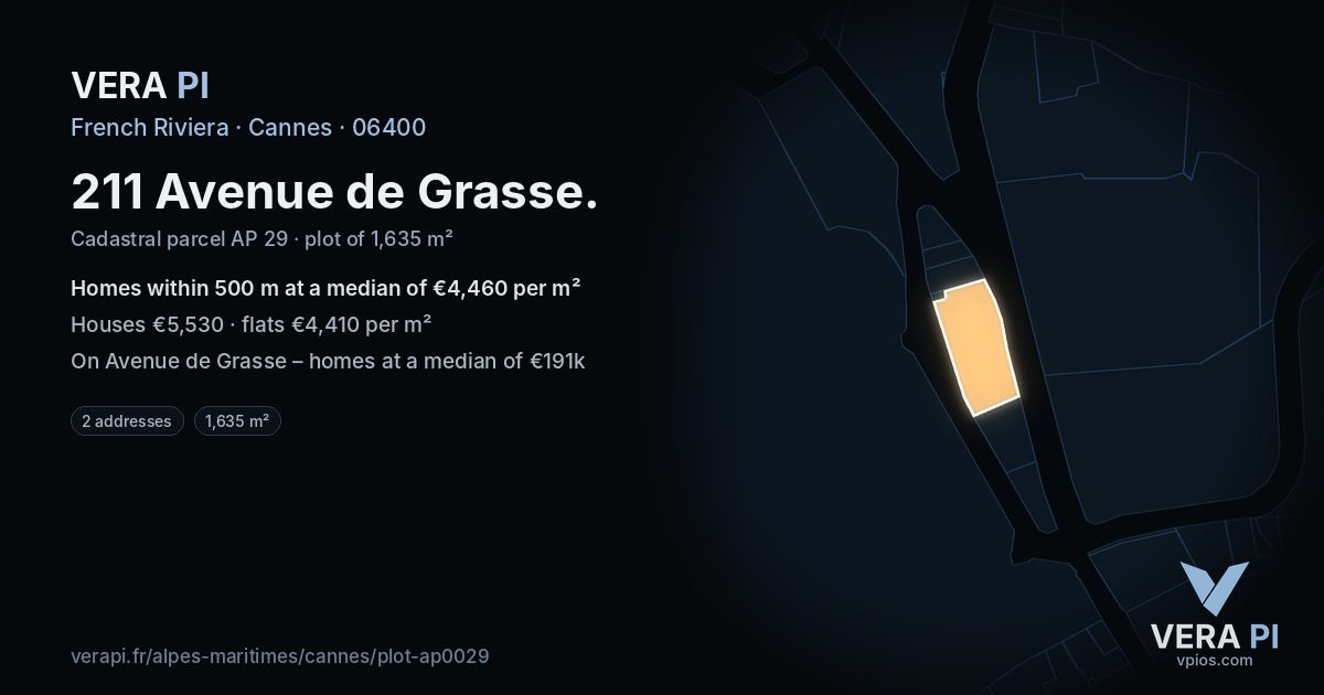 211 Avenue de Grasse, Cannes at night – the plot lit, the parcels around coloured by the prices near them