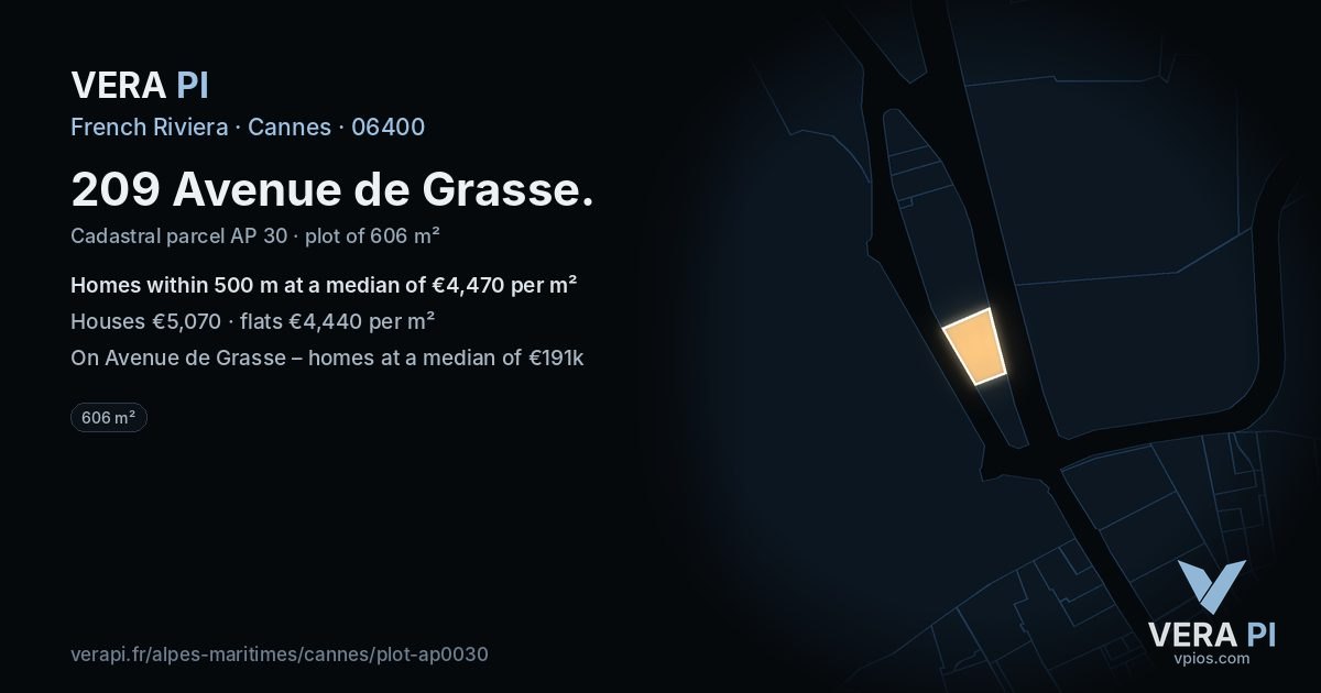 209 Avenue de Grasse, Cannes at night – the plot lit, the parcels around coloured by the prices near them