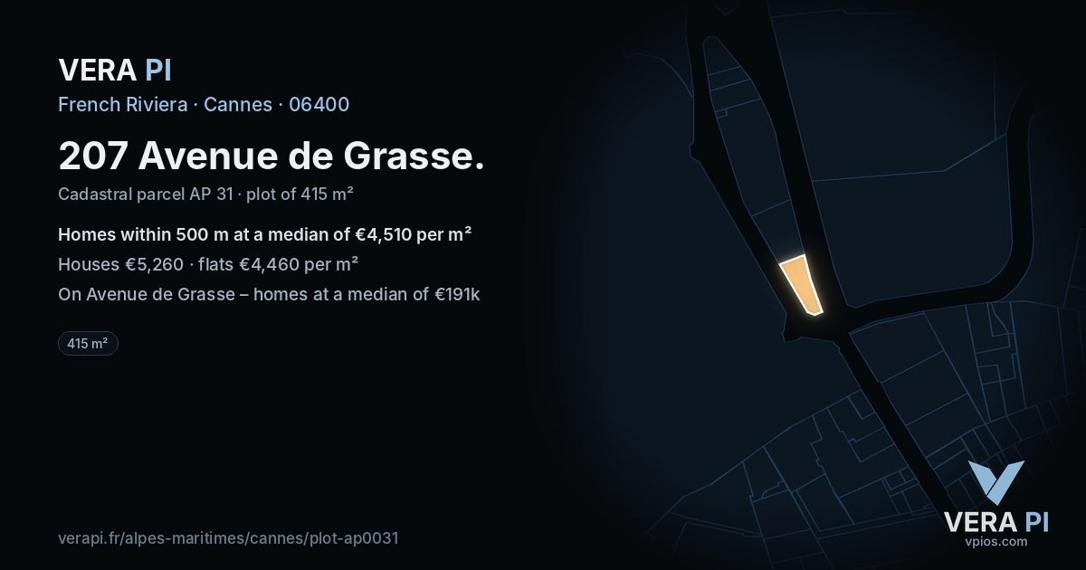 207 Avenue de Grasse, Cannes at night – the plot lit, the parcels around coloured by the prices near them