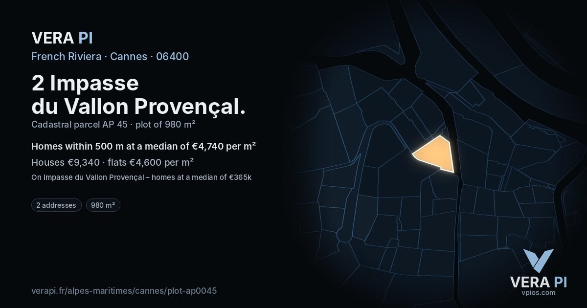 2 Impasse du Vallon Provençal, Cannes at night – the plot lit, the parcels around coloured by the prices near them