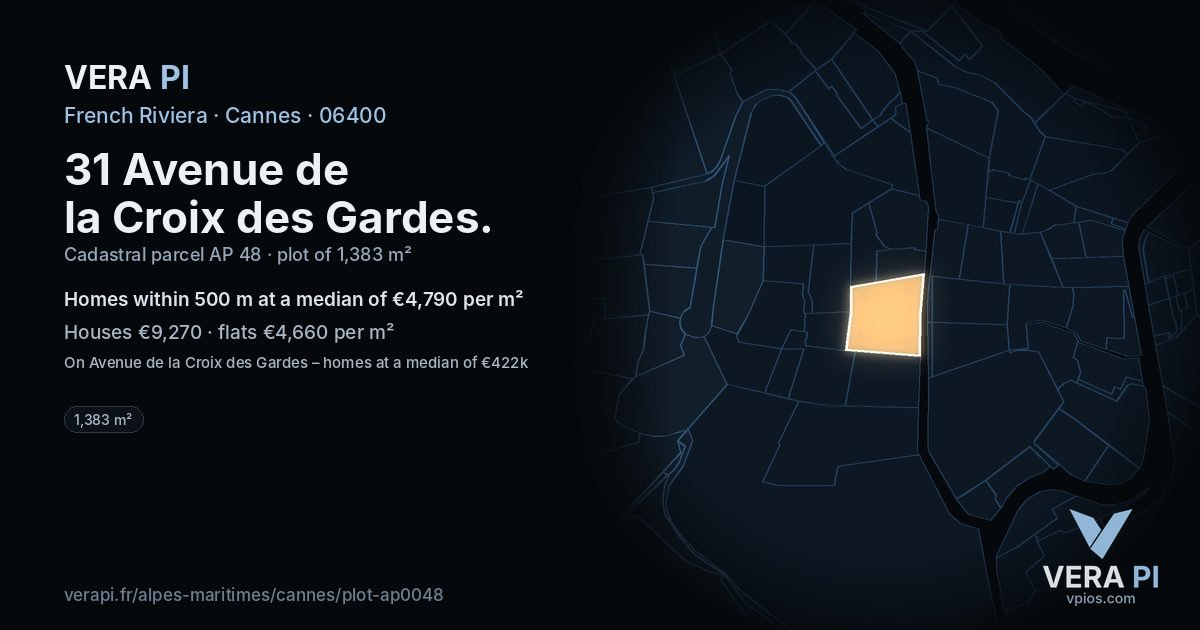 31 Avenue de la Croix des Gardes, Cannes at night – the plot lit, the parcels around coloured by the prices near them