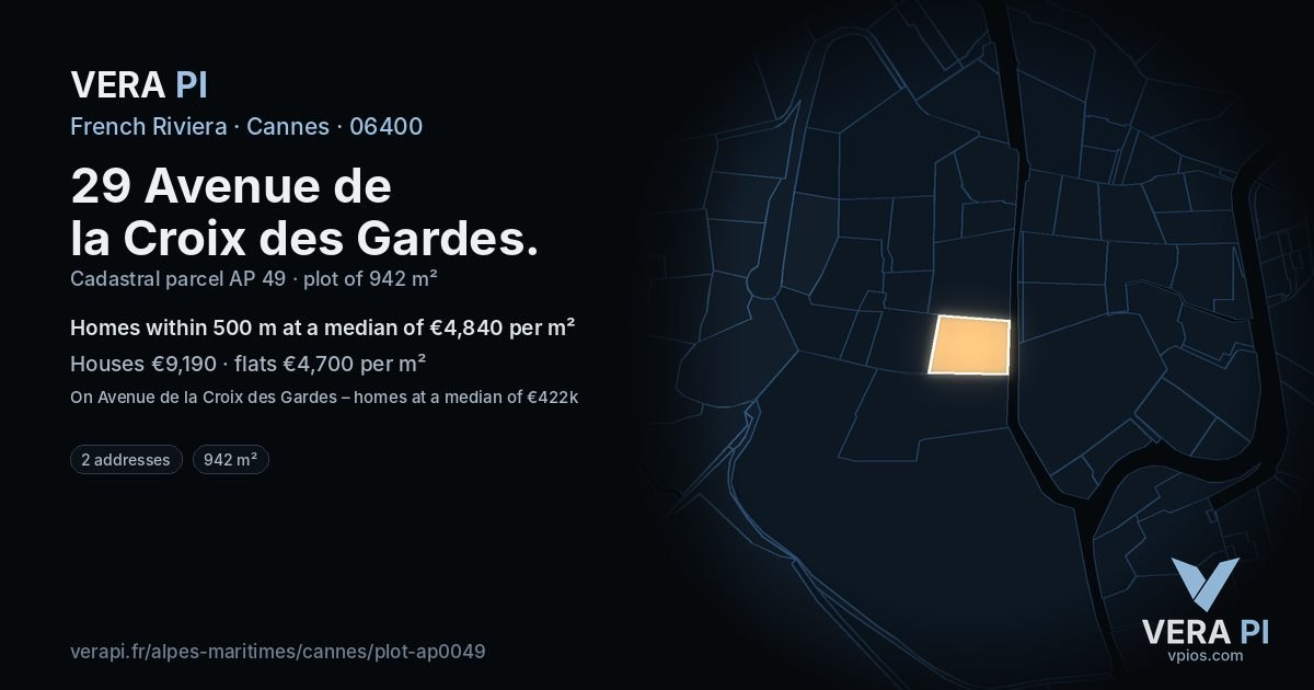 29 Avenue de la Croix des Gardes, Cannes at night – the plot lit, the parcels around coloured by the prices near them