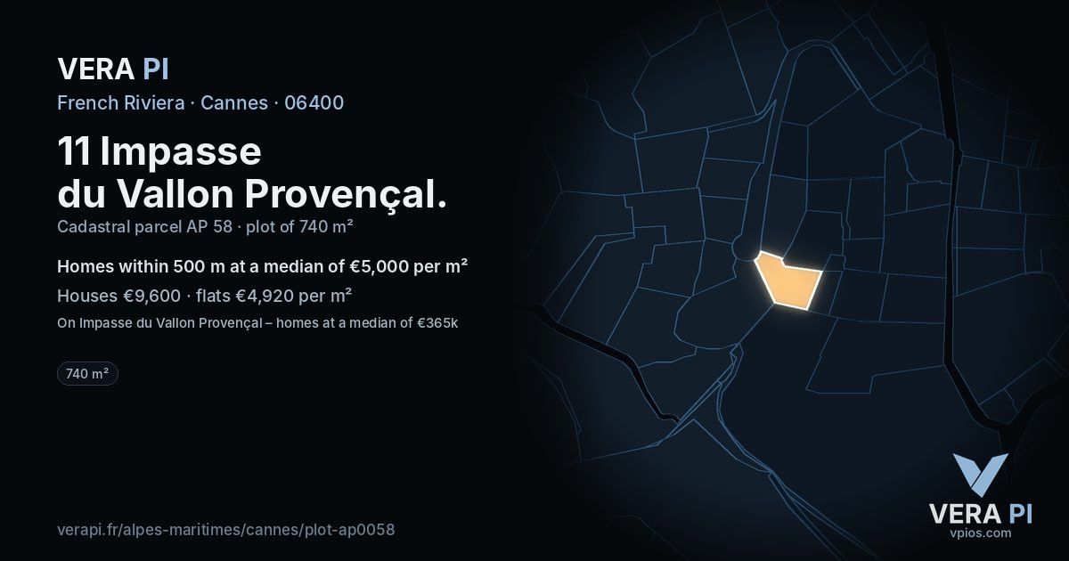 11 Impasse du Vallon Provençal, Cannes at night – the plot lit, the parcels around coloured by the prices near them