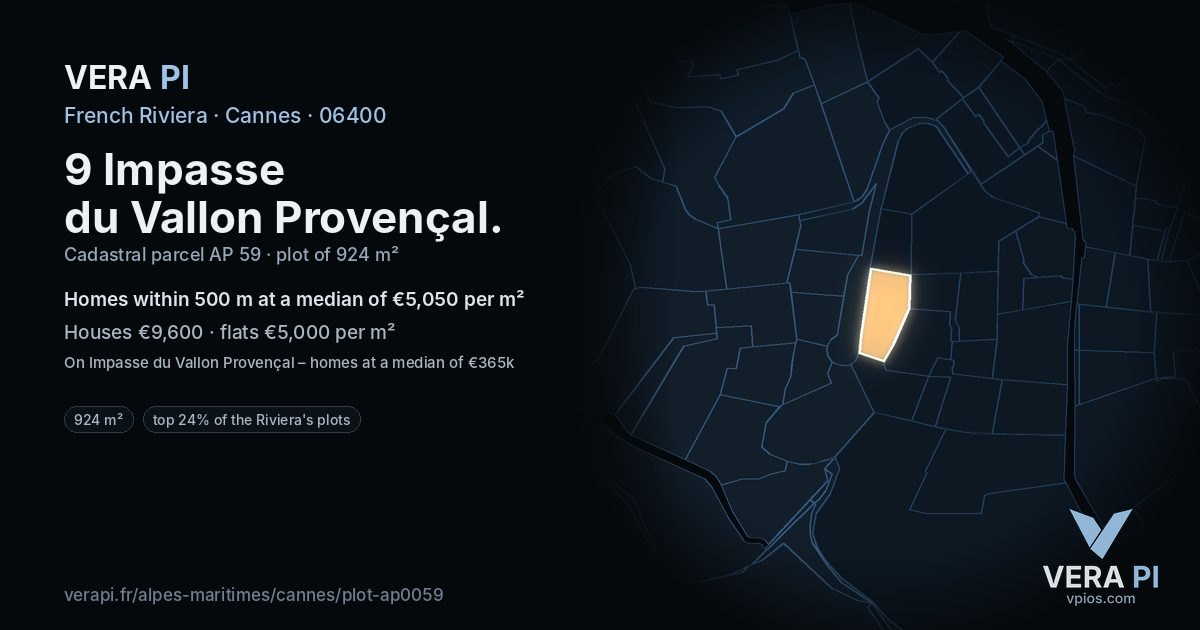 9 Impasse du Vallon Provençal, Cannes at night – the plot lit, the parcels around coloured by the prices near them