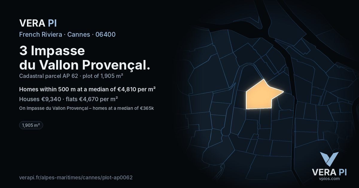 3 Impasse du Vallon Provençal, Cannes at night – the plot lit, the parcels around coloured by the prices near them