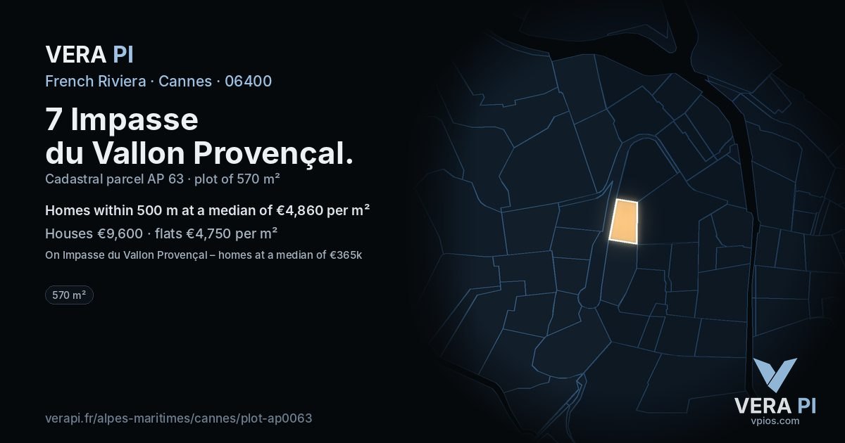 7 Impasse du Vallon Provençal, Cannes at night – the plot lit, the parcels around coloured by the prices near them