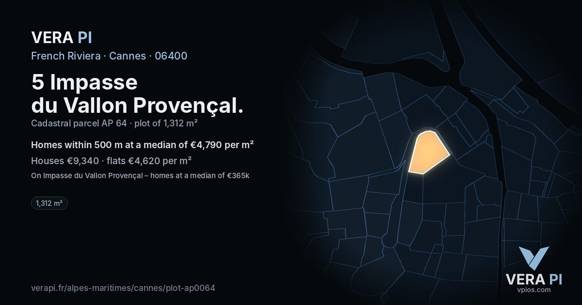 5 Impasse du Vallon Provençal, Cannes at night – the plot lit, the parcels around coloured by the prices near them