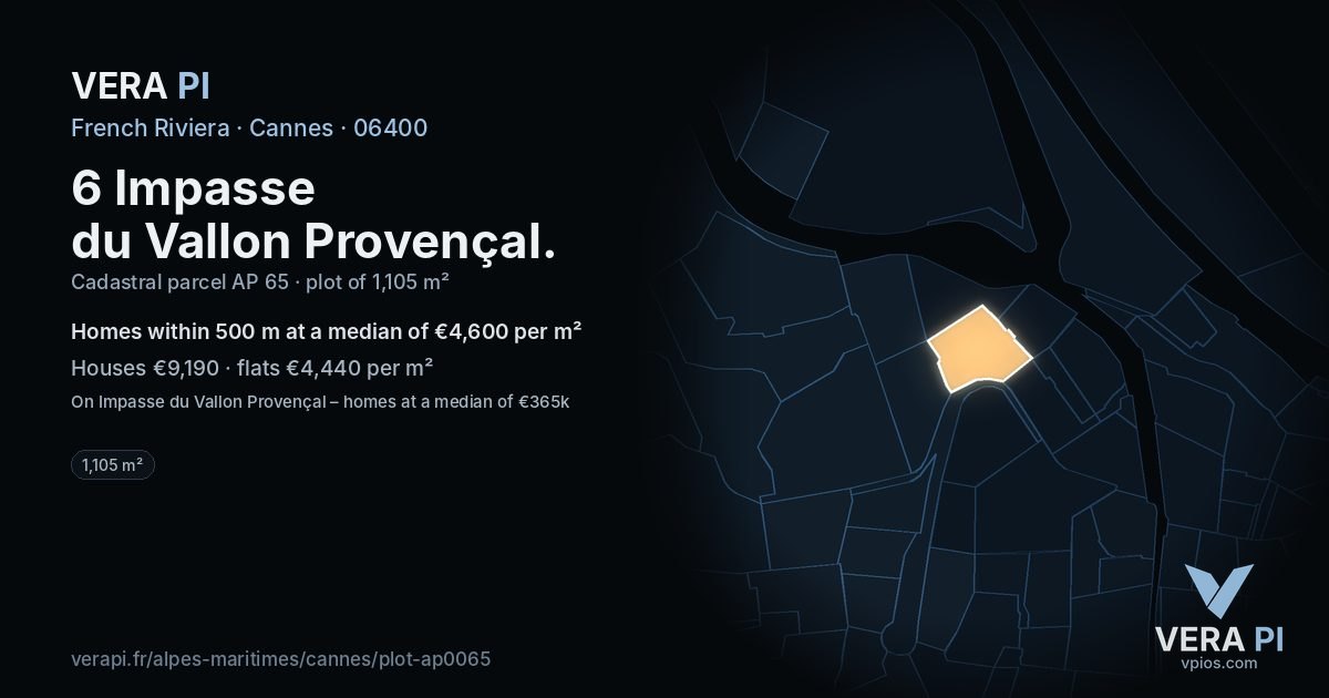 6 Impasse du Vallon Provençal, Cannes at night – the plot lit, the parcels around coloured by the prices near them