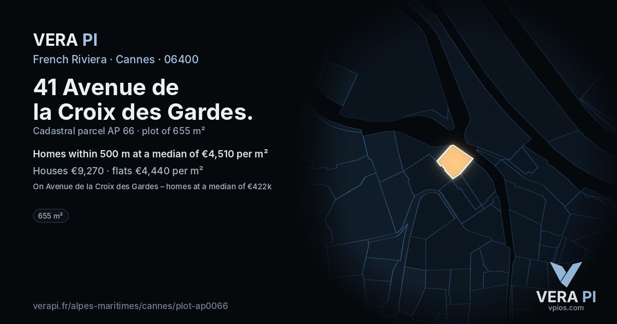 41 Avenue de la Croix des Gardes, Cannes at night – the plot lit, the parcels around coloured by the prices near them