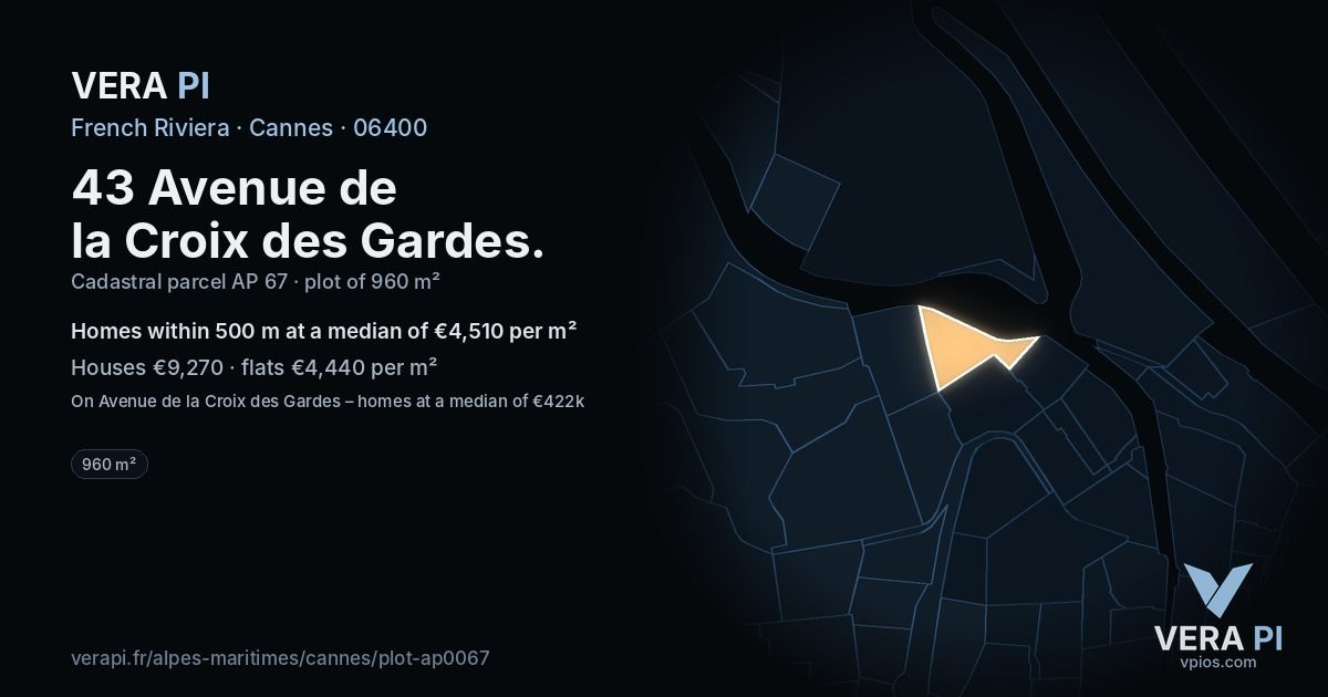 43 Avenue de la Croix des Gardes, Cannes at night – the plot lit, the parcels around coloured by the prices near them