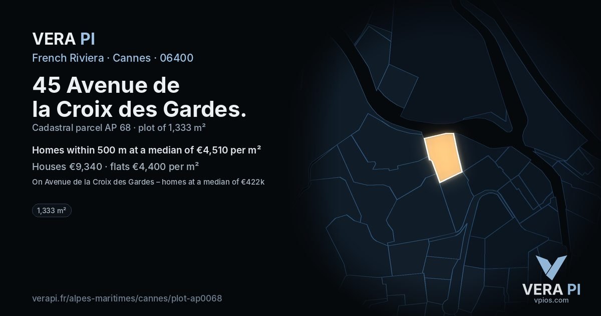 45 Avenue de la Croix des Gardes, Cannes at night – the plot lit, the parcels around coloured by the prices near them