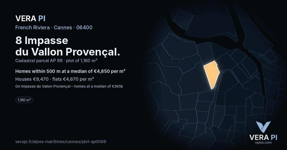 8 Impasse du Vallon Provençal, Cannes at night – the plot lit, the parcels around coloured by the prices near them