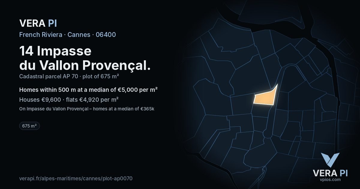 14 Impasse du Vallon Provençal, Cannes at night – the plot lit, the parcels around coloured by the prices near them