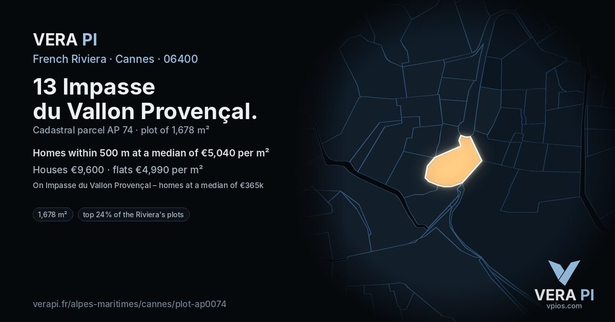 13 Impasse du Vallon Provençal, Cannes at night – the plot lit, the parcels around coloured by the prices near them