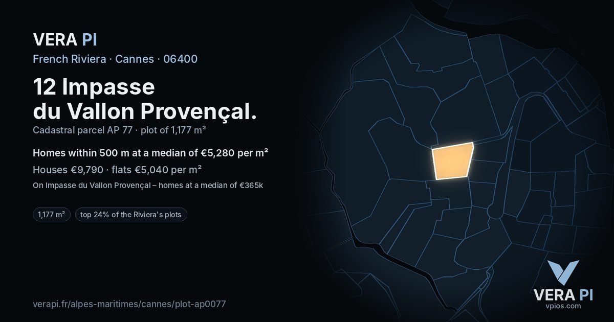 12 Impasse du Vallon Provençal, Cannes at night – the plot lit, the parcels around coloured by the prices near them