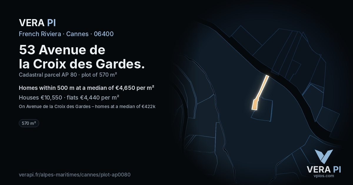 53 Avenue de la Croix des Gardes, Cannes at night – the plot lit, the parcels around coloured by the prices near them