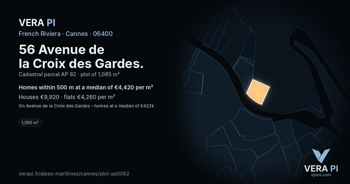 56 Avenue de la Croix des Gardes, Cannes at night – the plot lit, the parcels around coloured by the prices near them