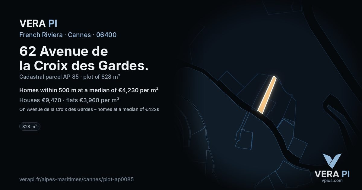 62 Avenue de la Croix des Gardes, Cannes at night – the plot lit, the parcels around coloured by the prices near them