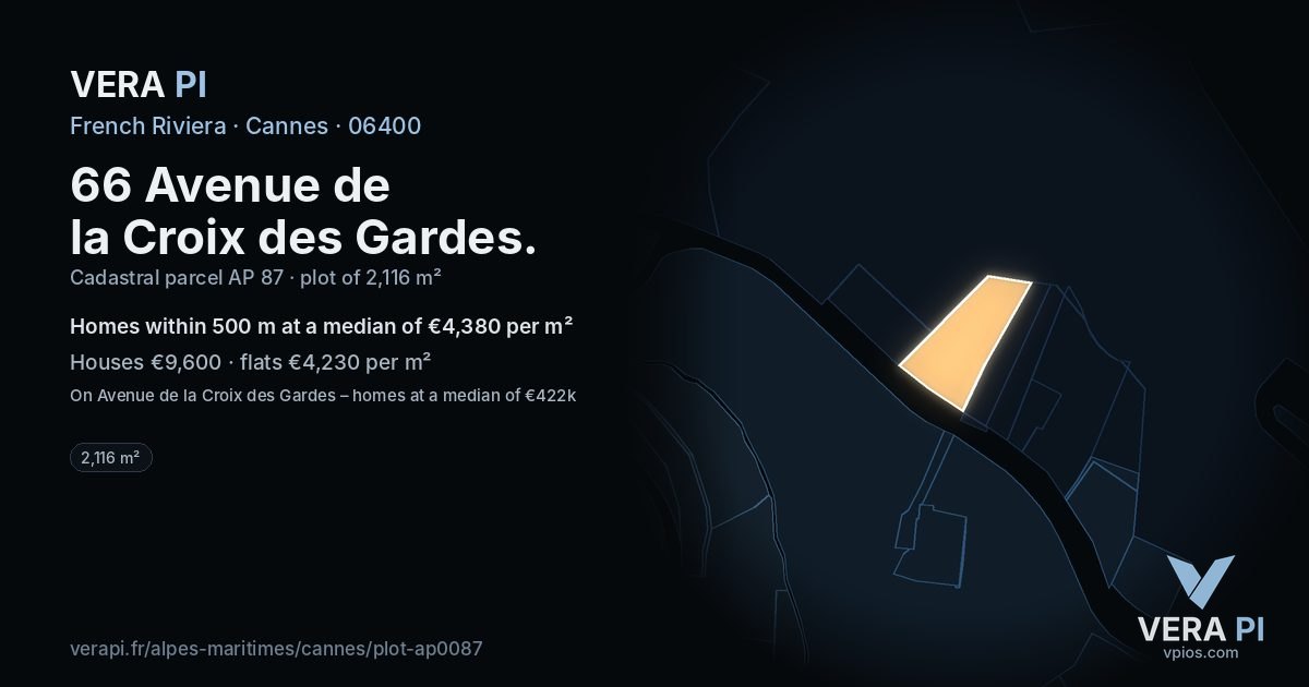 66 Avenue de la Croix des Gardes, Cannes at night – the plot lit, the parcels around coloured by the prices near them