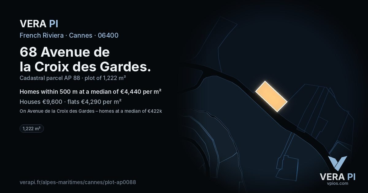 68 Avenue de la Croix des Gardes, Cannes at night – the plot lit, the parcels around coloured by the prices near them