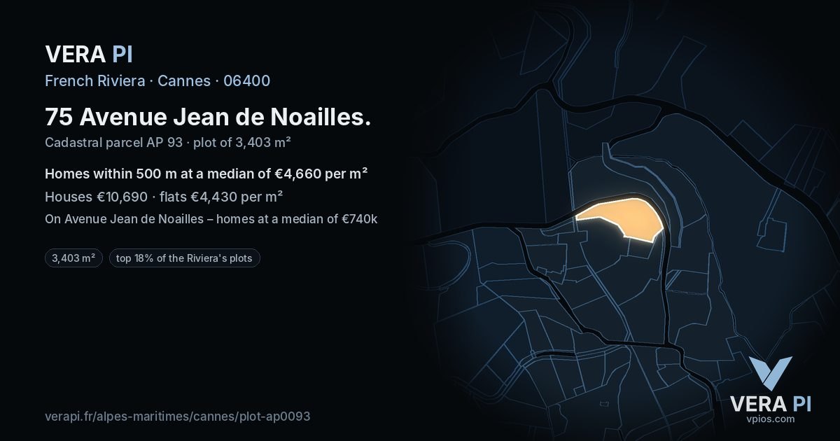 75 Avenue Jean de Noailles, Cannes at night – the plot lit, the parcels around coloured by the prices near them