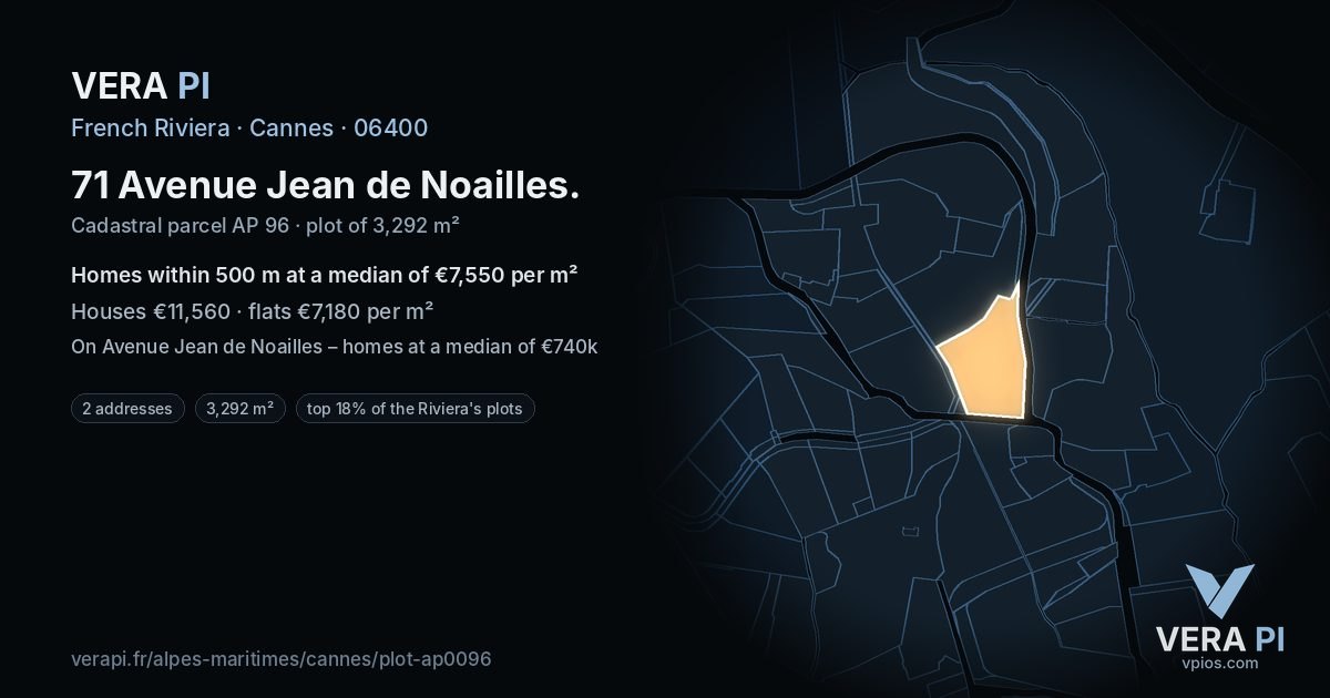 71 Avenue Jean de Noailles, Cannes at night – the plot lit, the parcels around coloured by the prices near them