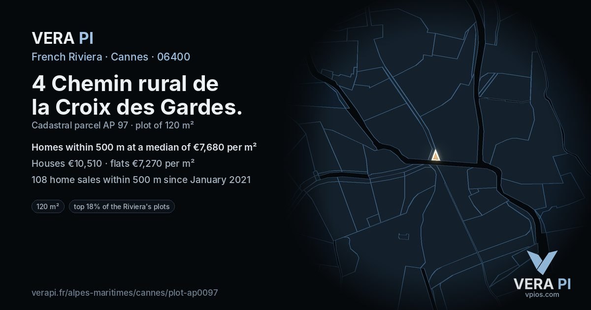 4 Chemin rural de la Croix des Gardes, Cannes at night – the plot lit, the parcels around coloured by the prices near them