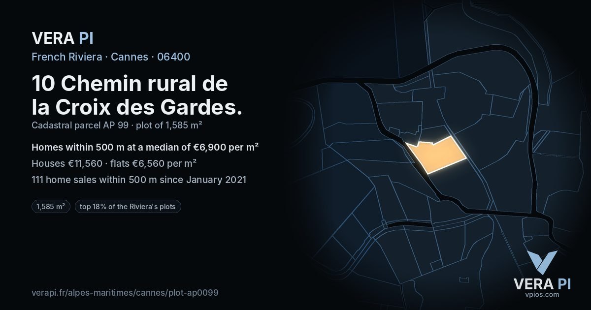 10 Chemin rural de la Croix des Gardes, Cannes at night – the plot lit, the parcels around coloured by the prices near them