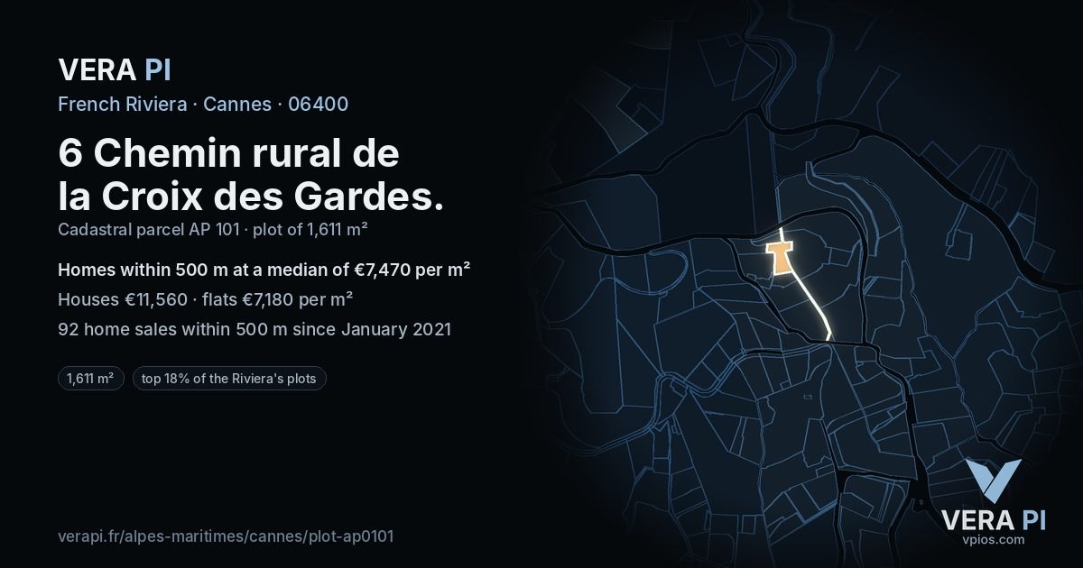 6 Chemin rural de la Croix des Gardes, Cannes at night – the plot lit, the parcels around coloured by the prices near them