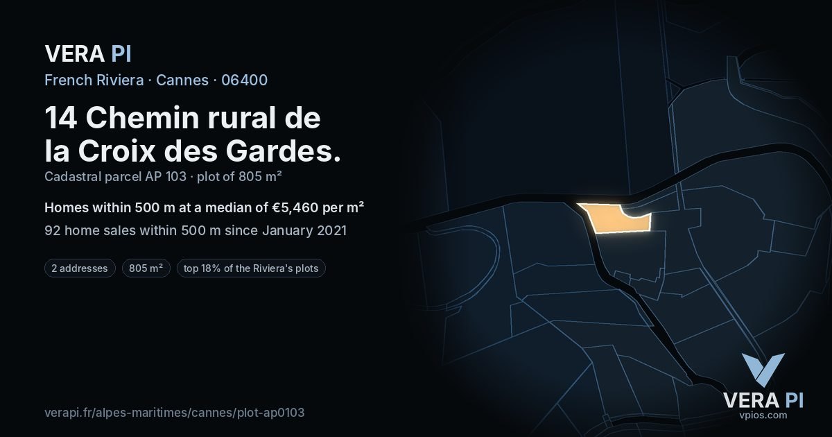 14 Chemin rural de la Croix des Gardes, Cannes at night – the plot lit, the parcels around coloured by the prices near them