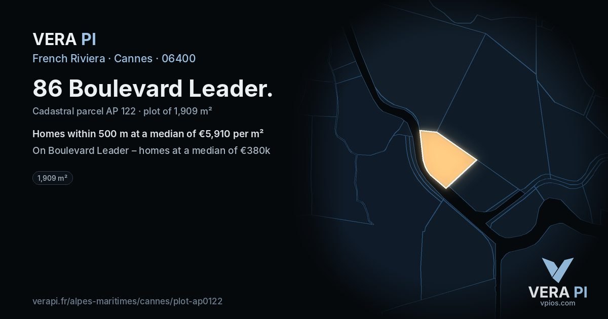 86 Boulevard Leader, Cannes at night – the plot lit, the parcels around coloured by the prices near them