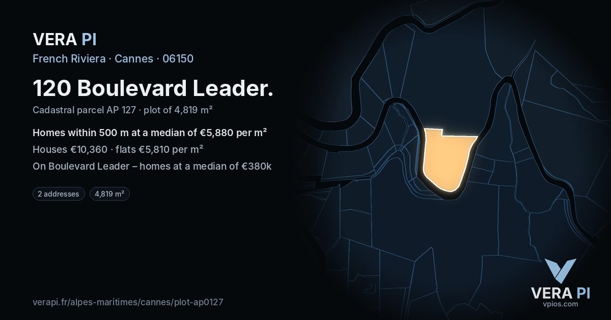 120 Boulevard Leader, Cannes at night – the plot lit, the parcels around coloured by the prices near them