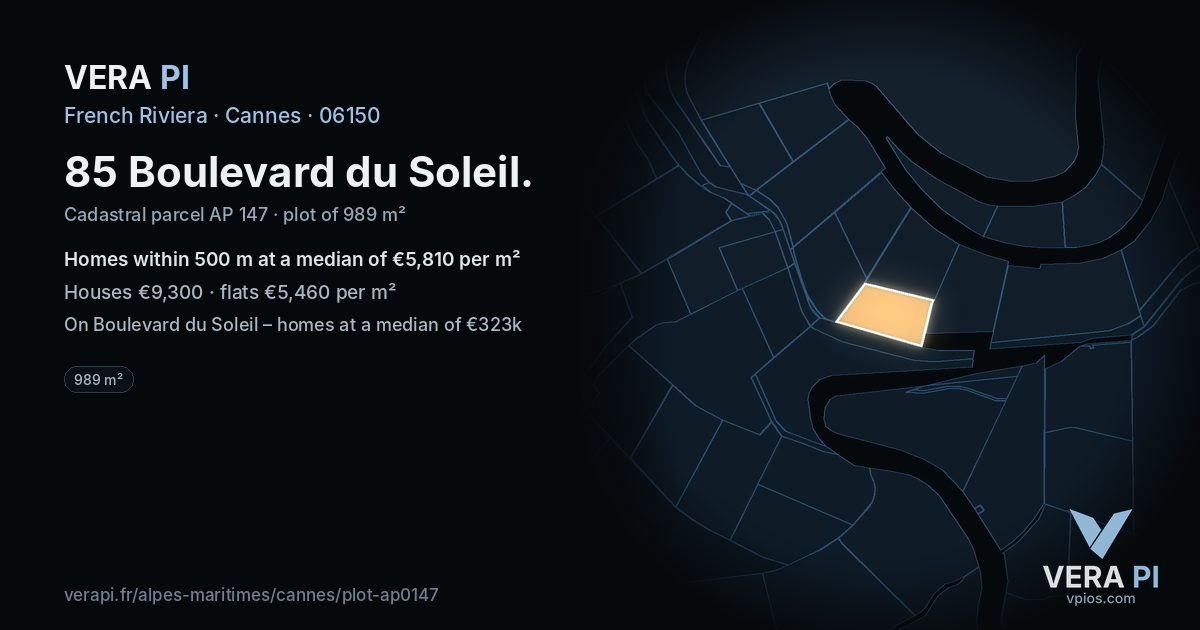 85 Boulevard du Soleil, Cannes at night – the plot lit, the parcels around coloured by the prices near them