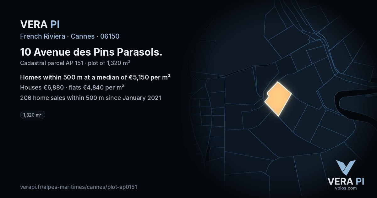 10 Avenue des Pins Parasols, Cannes at night – the plot lit, the parcels around coloured by the prices near them