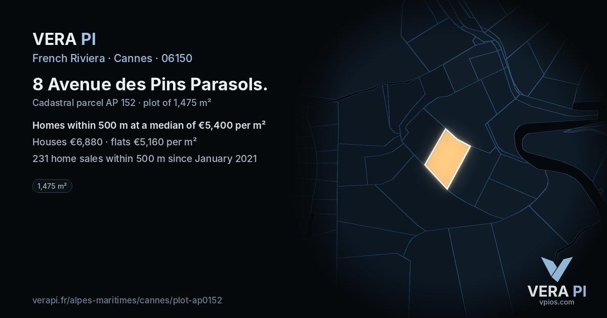 8 Avenue des Pins Parasols, Cannes at night – the plot lit, the parcels around coloured by the prices near them