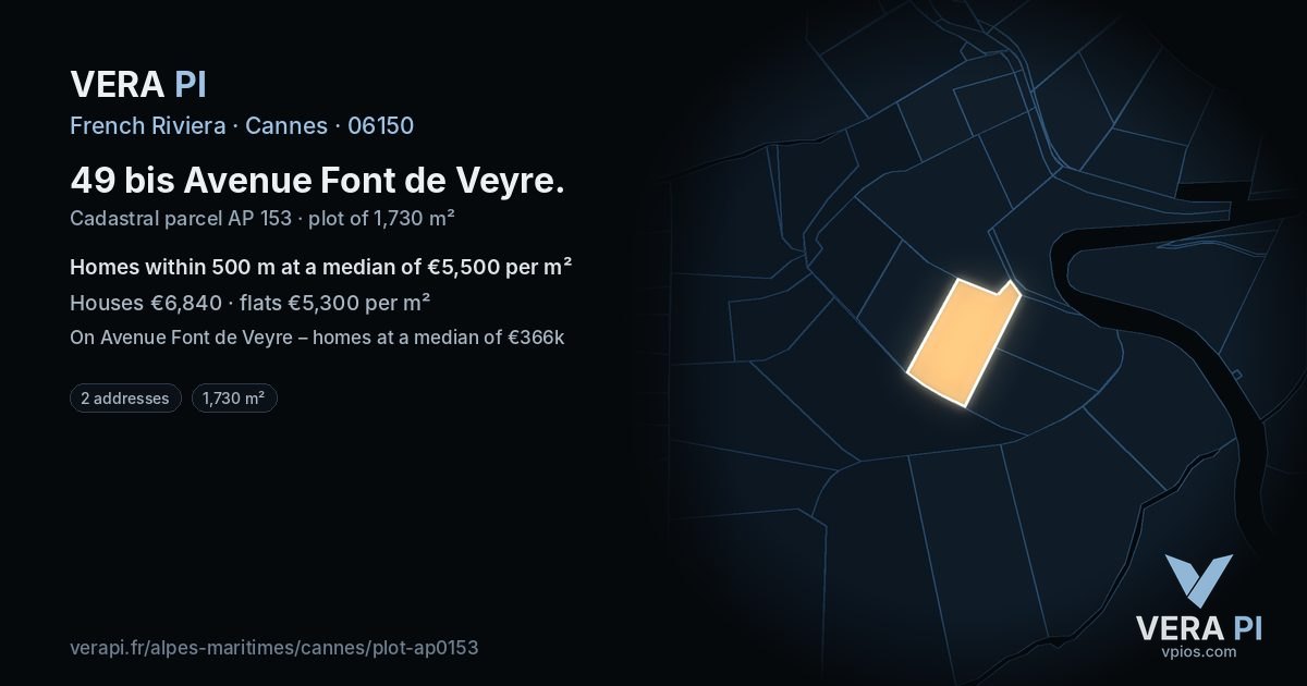49 bis Avenue Font de Veyre, Cannes at night – the plot lit, the parcels around coloured by the prices near them