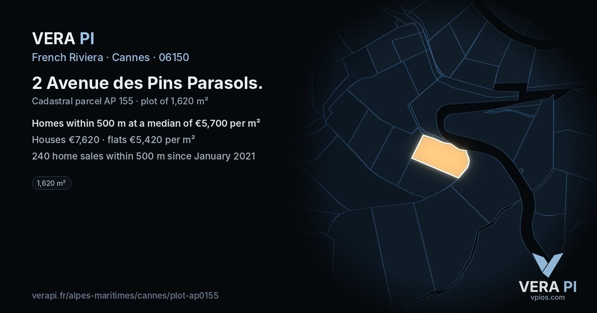 2 Avenue des Pins Parasols, Cannes at night – the plot lit, the parcels around coloured by the prices near them
