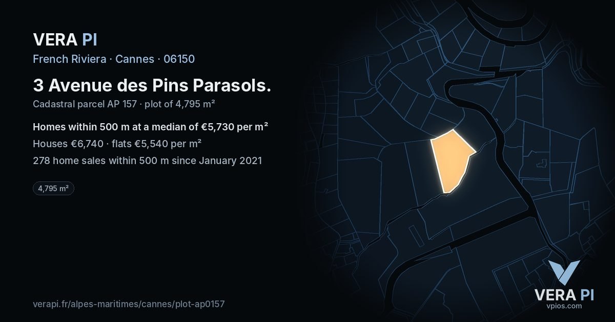 3 Avenue des Pins Parasols, Cannes at night – the plot lit, the parcels around coloured by the prices near them