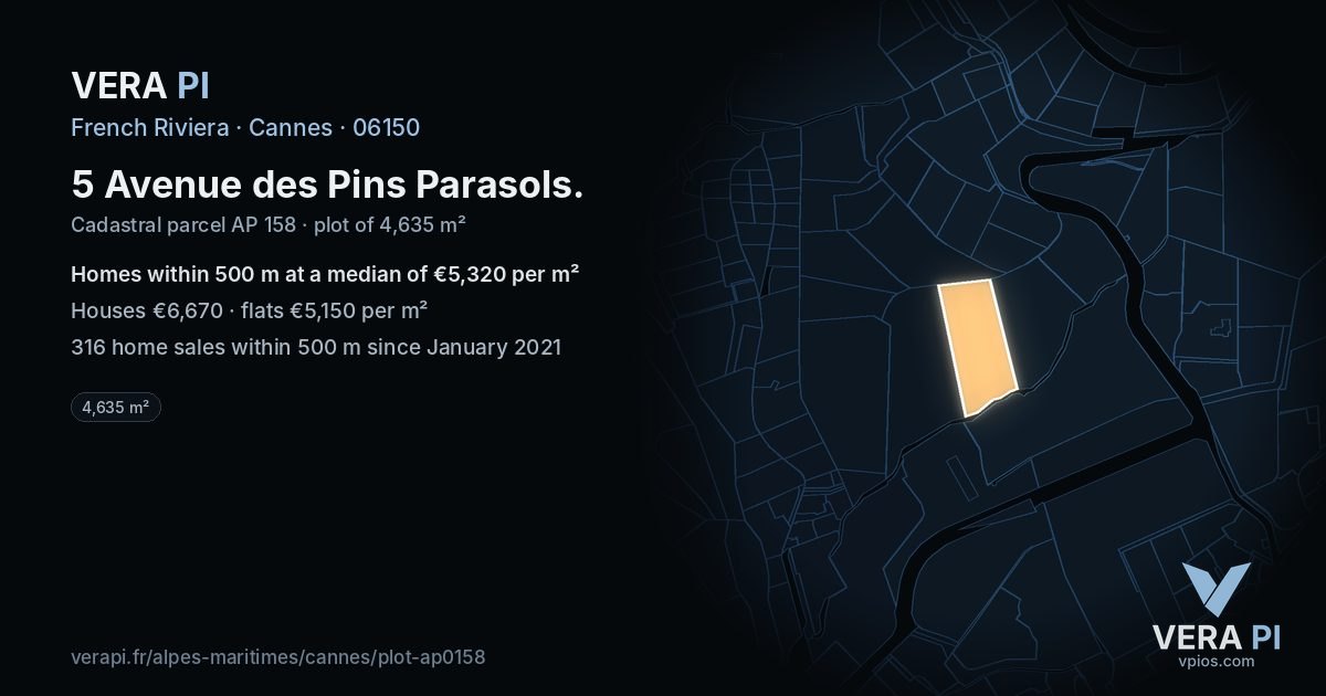 5 Avenue des Pins Parasols, Cannes at night – the plot lit, the parcels around coloured by the prices near them