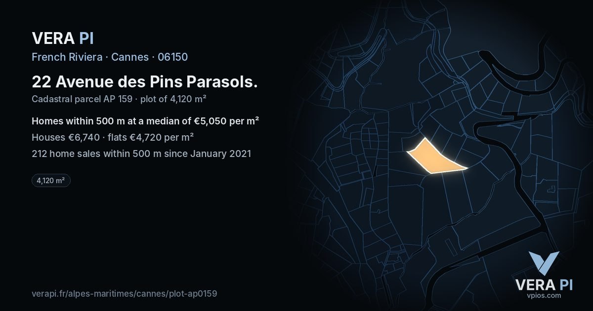 22 Avenue des Pins Parasols, Cannes at night – the plot lit, the parcels around coloured by the prices near them