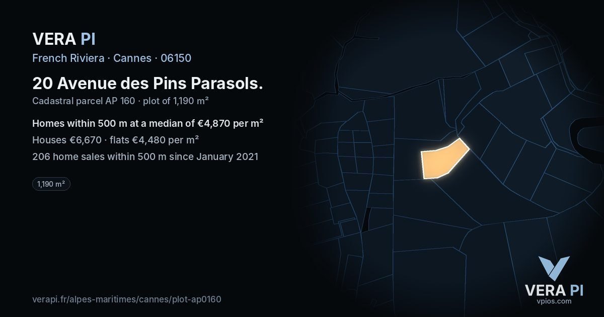 20 Avenue des Pins Parasols, Cannes at night – the plot lit, the parcels around coloured by the prices near them