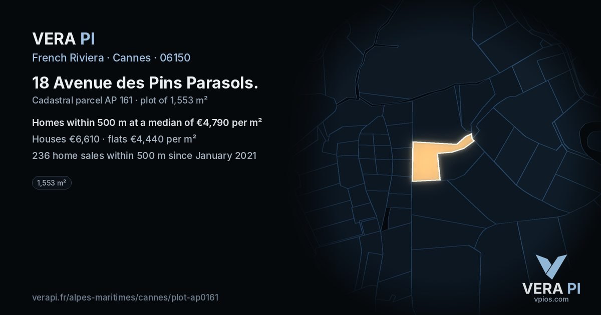 18 Avenue des Pins Parasols, Cannes at night – the plot lit, the parcels around coloured by the prices near them