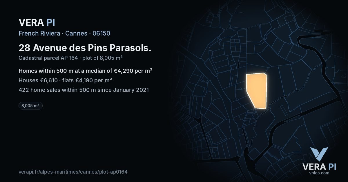 28 Avenue des Pins Parasols, Cannes at night – the plot lit, the parcels around coloured by the prices near them
