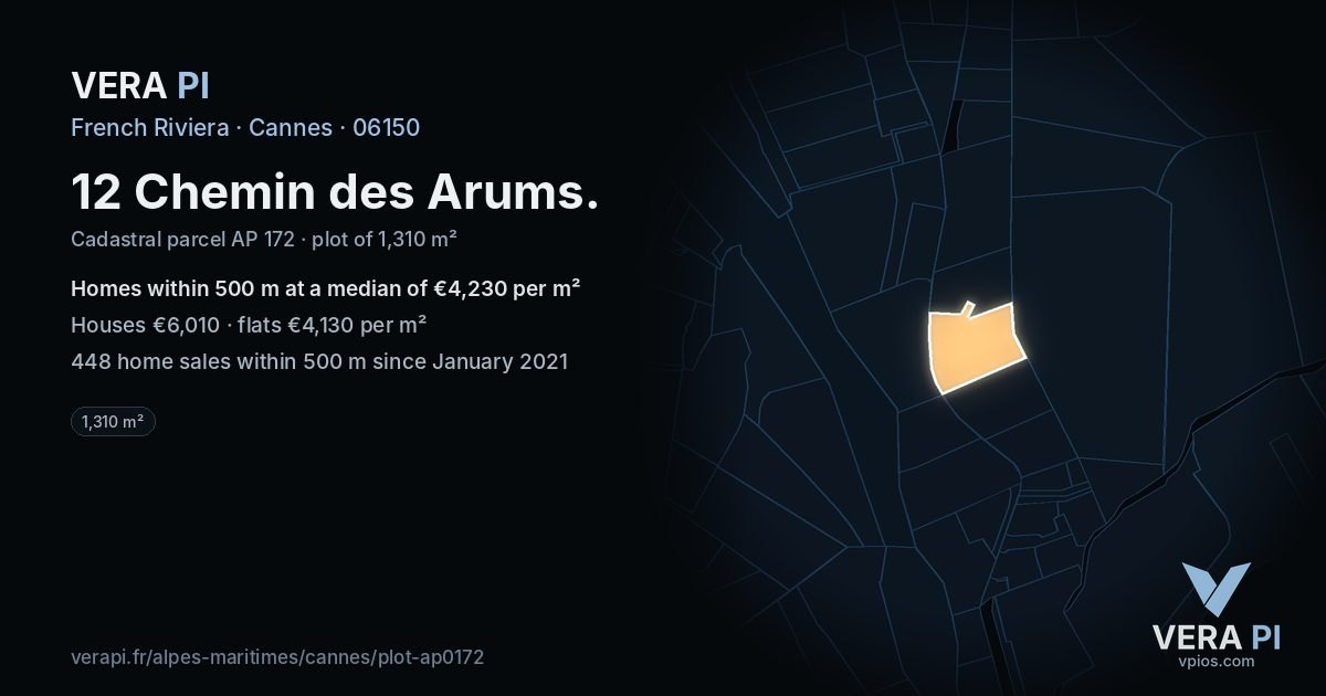 12 Chemin des Arums, Cannes at night – the plot lit, the parcels around coloured by the prices near them
